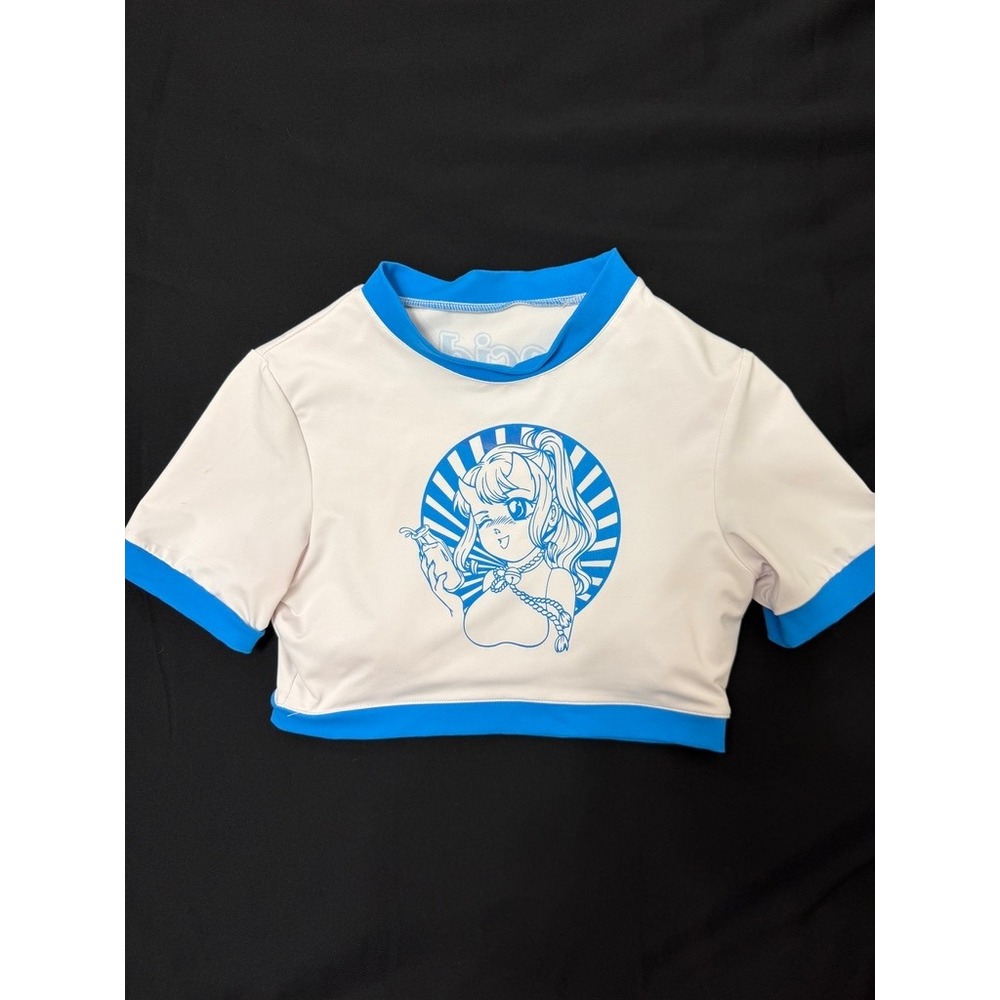 Acid Anime Girl Ringer Swim Top Womens Small White Blue Kawaii Y2K Streetwear